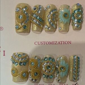 Gold and Blue Embellished Handmade press on Nail Art Set